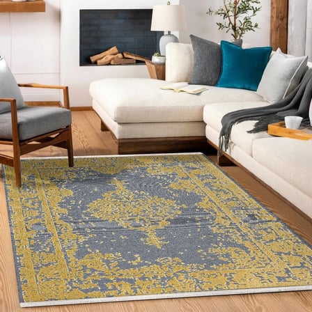 Outlet - Gri Hardal Madalyonlu Klasik Kaymaz Taban Makinede Yıkanabilir Salon Halısı Dijital Baskı