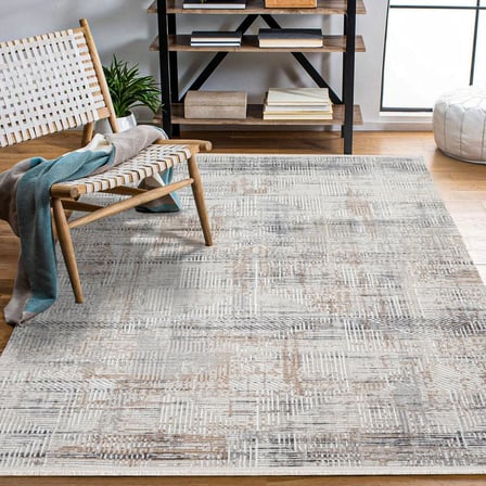 Outlet - Beyaz Gri Soyut Çizgisel Modern Kaymaz Taban Salon Halısı Dijital Baskı