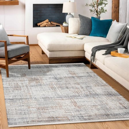 Outlet - Beyaz Gri Soyut Çizgisel Modern Kaymaz Taban Salon Halısı Dijital Baskı