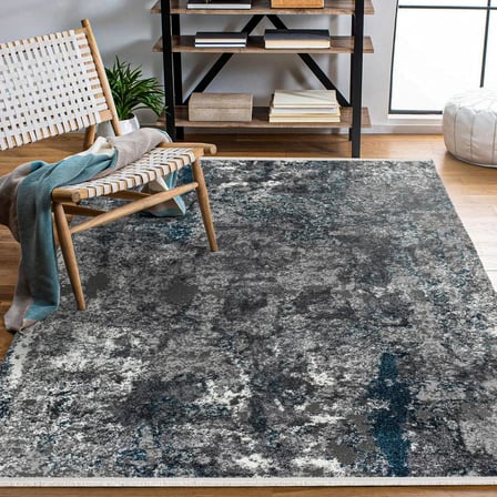Outlet - Gri Mavi Soyut Desenli Modern Kaymaz Taban Makinede Yıkanabilir Salon Halısı Dijital Baskı