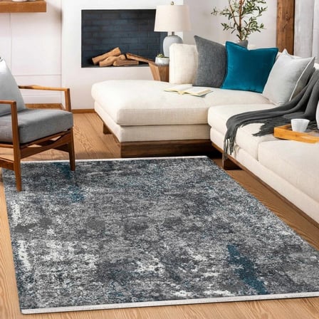 Outlet - Gri Mavi Soyut Desenli Modern Kaymaz Taban Makinede Yıkanabilir Salon Halısı Dijital Baskı