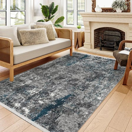 Outlet - Gri Mavi Soyut Desenli Modern Kaymaz Taban Makinede Yıkanabilir Salon Halısı Dijital Baskı