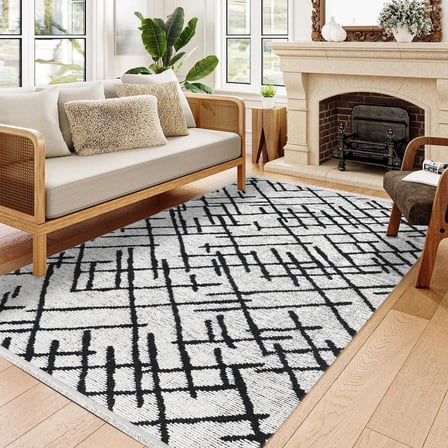 Outlet - Siyah Beyaz Çizgili Modern Kaymaz Taban Makinede Yıkanabilir Salon Halısı Dijital Baskı
