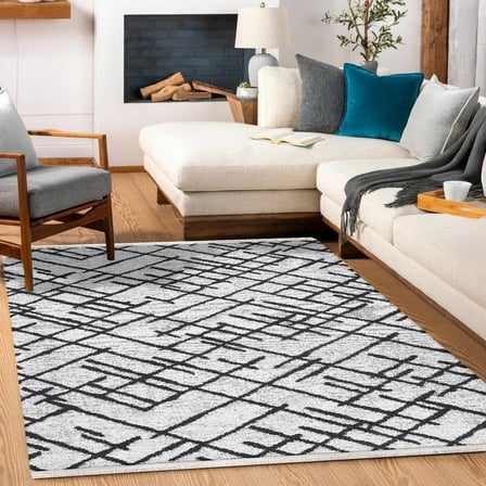 Outlet - Siyah Beyaz Çizgili Modern Kaymaz Taban Makinede Yıkanabilir Salon Halısı Dijital Baskı