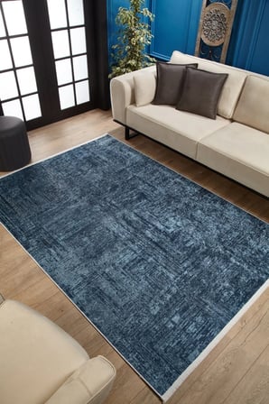 Outlet - Mavi Modern Efektli Soyut Salon Halısı Makinede Yıkanabilir Kaymaz Taban Dijital Baskı