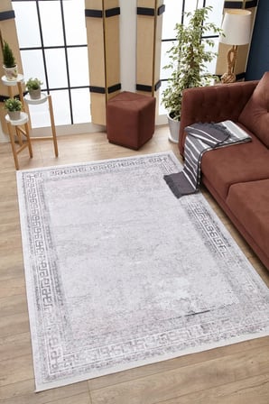 Outlet - Gri Bordürlü Vintage Modern Kaymaz Taban Makinede Yıkanabilir Salon Halısı Dijital Baskı