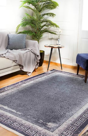 Outlet - Gri Meander Bordürlü Modern Kaymaz Taban Makinede Yıkanabilir Salon Halısı Dijital Baskı