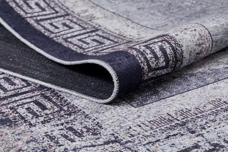 Outlet - Gri Meander Bordürlü Modern Kaymaz Taban Makinede Yıkanabilir Salon Halısı Dijital Baskı