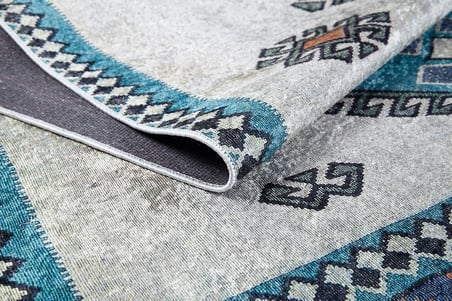 Outlet - Krem Turkuaz Etnik Geometrik Bordürlü Kaymaz Taban Salon Halısı Dijital Baskı