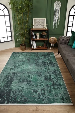 Outlet - Zümrüt Yeşili Soyut Modern Kaymaz Taban Makinede Yıkanabilir Salon Halısı Dijital Baskı