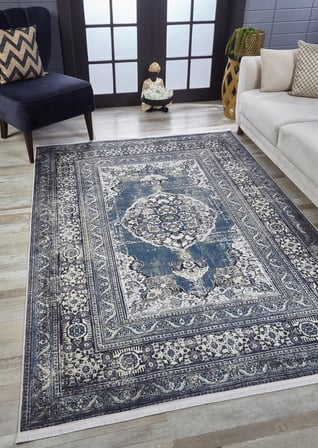 Outlet - Mavi Madalyonlu Eskitme Klasik Kaymaz Taban Salon Halısı Dijital Baskı