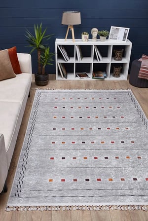 Outlet - Gri Püsküllü Geometrik Kareli Modern Kaymaz Taban Salon Halısı Dijital Baskı