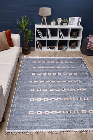 Outlet - Gri Turuncu Saçaklı Geometrik Kaymaz Taban Salon Halısı Dijital Baskı
