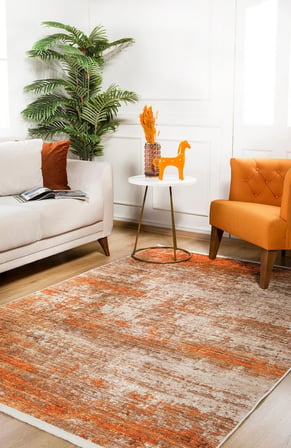 Outlet - Turuncu Bej Degrade Modern Kaymaz Taban Makinede Yıkanabilir Salon Halısı Dijital Baskı