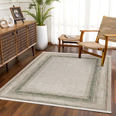 Outlet - Krem Yeşil Eskitme Efektli Modern Kaymaz Taban Salon Oturma Odası Halısı Dijital Baskı