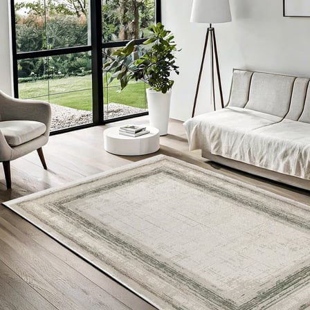 Outlet - Krem Yeşil Eskitme Efektli Modern Kaymaz Taban Salon Oturma Odası Halısı Dijital Baskı