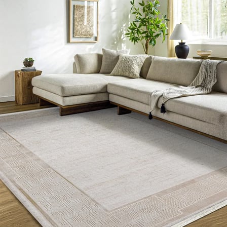 Outlet - Bej Krem Geometrik Bordürlü Modern Kaymaz Taban Salon Halısı Dijital Baskı