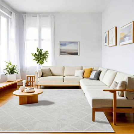 Outlet - Gri Beyaz Baklava Desenli Modern Kaymaz Taban Makinede Yıkanabilir Salon Halısı Dijital Baskı