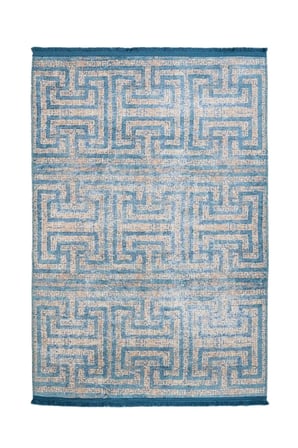 Outlet - Mavi Bej Labirent Desenli Modern Kaymaz Taban Makinede Yıkanabilir Salon Halısı Dijital Baskı