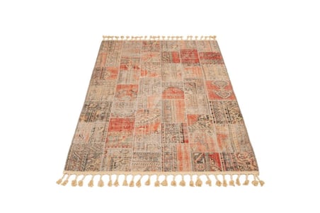 Outlet - Krem Kırmızı Patchwork Modern Kaymaz Taban Makinede Yıkanabilir Salon Halısı Dijital Baskı