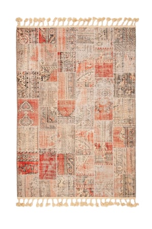 Outlet - Krem Kırmızı Patchwork Modern Kaymaz Taban Makinede Yıkanabilir Salon Halısı Dijital Baskı