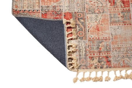Outlet - Krem Kırmızı Patchwork Modern Kaymaz Taban Makinede Yıkanabilir Salon Halısı Dijital Baskı