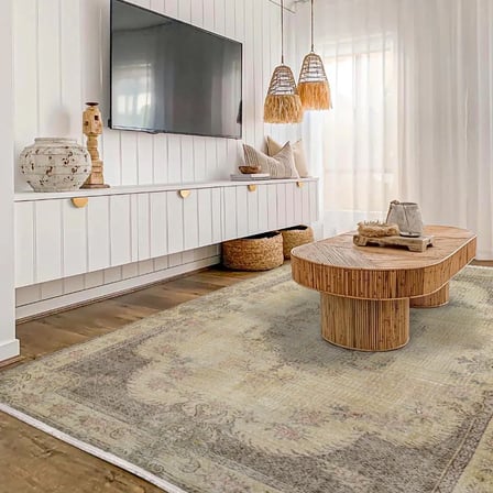 Outlet - Bej Gri Eskitme Madalyon Klasik Kaymaz Taban Salon Halısı Dijital Baskı