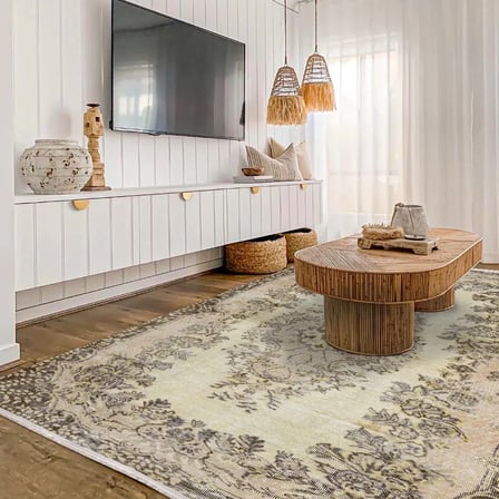Outlet - Krem Kahve Floral Eskitme Klasik Kaymaz Taban Salon Halısı Dijital Baskı