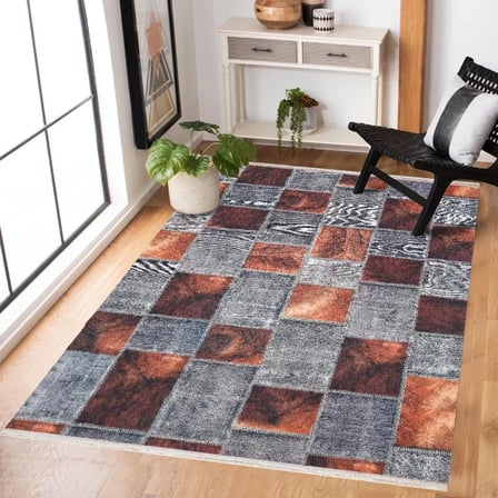 Modern Geometrik Gri Salon Halısı Kaymaz Tabanlı Koridor Dijital Baskı