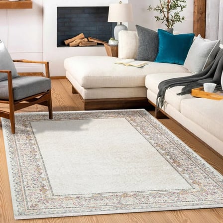 Krem Renk Klasik Bordürlü Kaymaz Taban Salon Halısı Koridor Eskitme Vintage