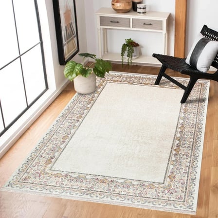 Krem Renk Klasik Bordürlü Kaymaz Taban Salon Halısı Koridor Eskitme Vintage