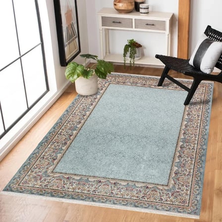 Buz Mavisi Klasik Bordürlü Kaymaz Taban Salon Halısı Koridor
