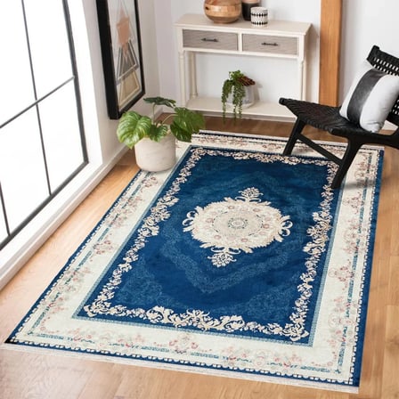 Mavi Klasik Madalyon Desenli Kaymaz Taban Salon Halısı Koridor