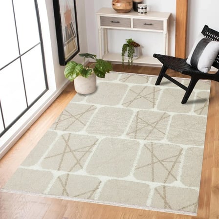 Krem Geometrik Modern Kaymaz Taban Salon Halısı Koridor İskandinav