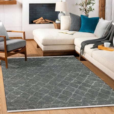 Antrasit Geometrik Desenli Eskitme Stil Kaymaz Taban Dijital Baskı Salon Halısı