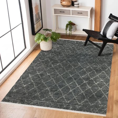 Antrasit Geometrik Desenli Eskitme Stil Kaymaz Taban Dijital Baskı Salon Halısı