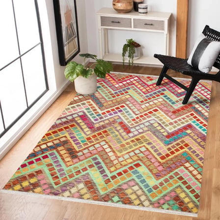 Kiremit Krem Geometrik Salon Halısı Dijital Baskı Kaymaz Koridor