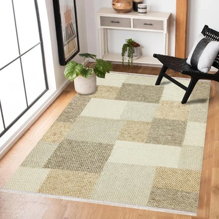 Krem Geometrik Desenli Kaymaz Taban Dijital Baskı Halı Modern