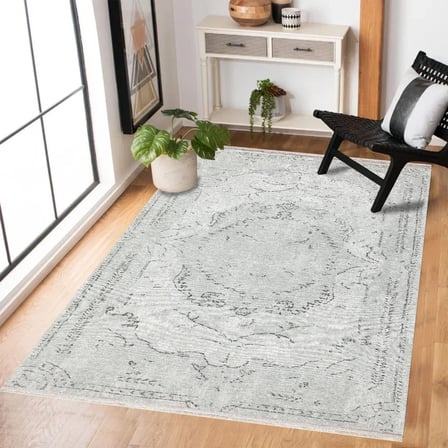Gri Madalyon Desenli Eskitme Salon Halısı Kaymaz Taban Dijital Baskı