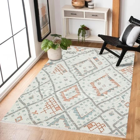 Ekru Mavi Geometrik Etnik Salon Halısı Kaymaz Taban Koridor Bohem
