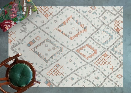 Ekru Mavi Geometrik Etnik Salon Halısı Kaymaz Taban Koridor Bohem