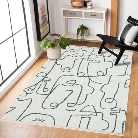 Beyaz Soyut Desenli Kaymaz Tabanlı Dijital Baskı Halı Modern