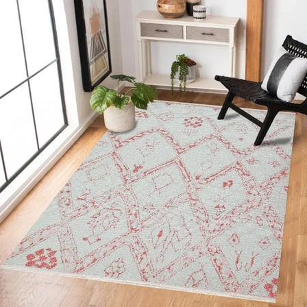 Kırmızı Krem Etnik Geometrik Kaymaz Tabanlı Salon Halısı Koridor