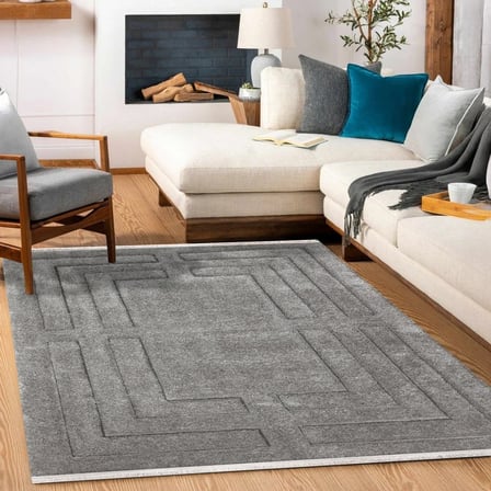 Antrasit Gri Geometrik Modern Salon Halısı Kaymaz Tabanlı Koridor Tipi