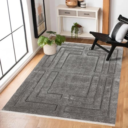 Antrasit Gri Geometrik Modern Salon Halısı Kaymaz Tabanlı Koridor Tipi