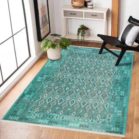 Turkuaz Geometrik Eskitme Salon Halısı Dijital Baskı Kaymaz Tabanlı