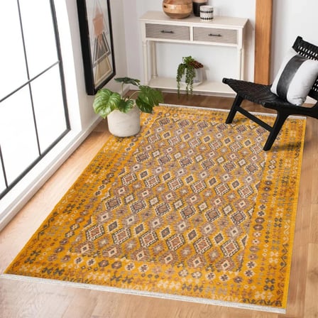 Hardal Sarısı Geometrik Desenli Kaymaz Taban Salon Halısı Koridor