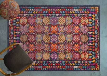 Lacivert Geometrik Etnik Desenli Dijital Baskı Halı Koridor Salon Uyumlu