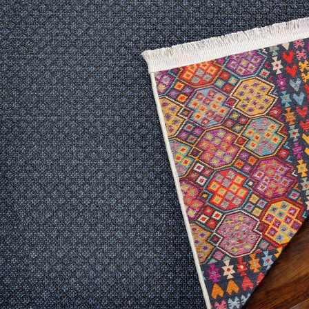 Lacivert Geometrik Etnik Desenli Dijital Baskı Halı Koridor Salon Uyumlu