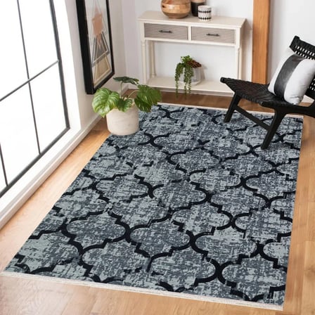 Gri Antrasit Geometrik Eskitme Modern Kaymaz Taban Salon Halısı Dijital Baskı